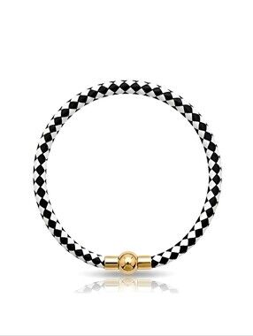 Linx Black And White Leather Braided Cord Bracelet with Gold Magnetic Clasp
